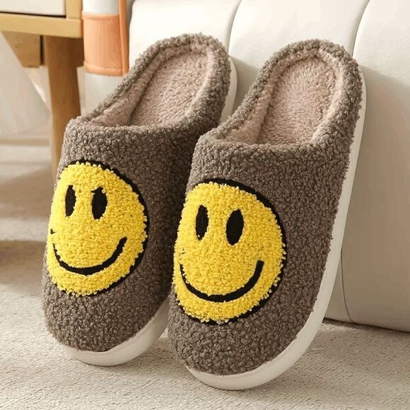 Coffee Yellow and Black Fuzzy Smiley Face Slippers Size 6.5/7 - Picture 1 of 1